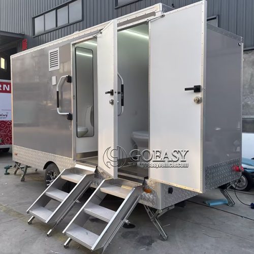13.8FT Grey 4-Station Restroom Trailer for Music Festivals, Sporting Events, and Large Markets