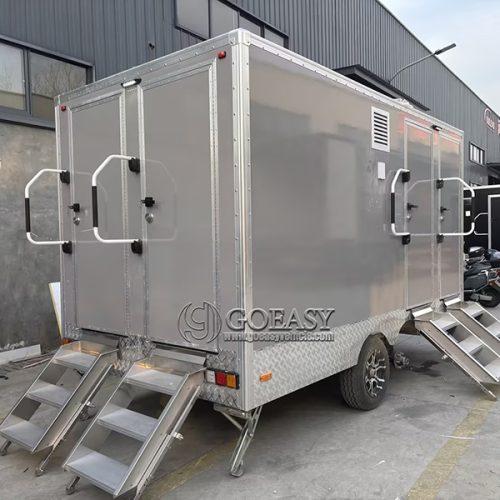 13.8FT Grey 4-Station Restroom Trailer for Music Festivals, Sporting Events, and Large Markets