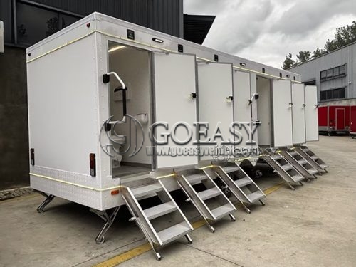 6-Station White Portable Restroom Trailer Suitable for Various Large Events