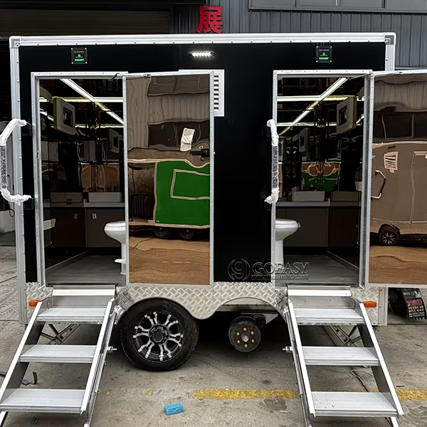 Black 2-Station Mobile Restroom Trailer for Wedding & Outdoor Gathering