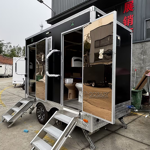 Black 2-Station Mobile Restroom Trailer for Wedding & Outdoor Gathering